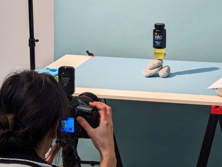 NFO Vitamins hero product photography combining science and Nordic nature