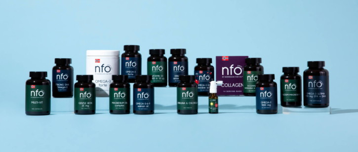 NFO Vitamins supplement range photography with Nordic stone and frosted acrylic