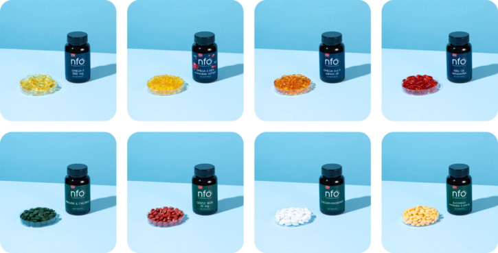 NFO Vitamins brand photography with crisp directional lighting on capsules