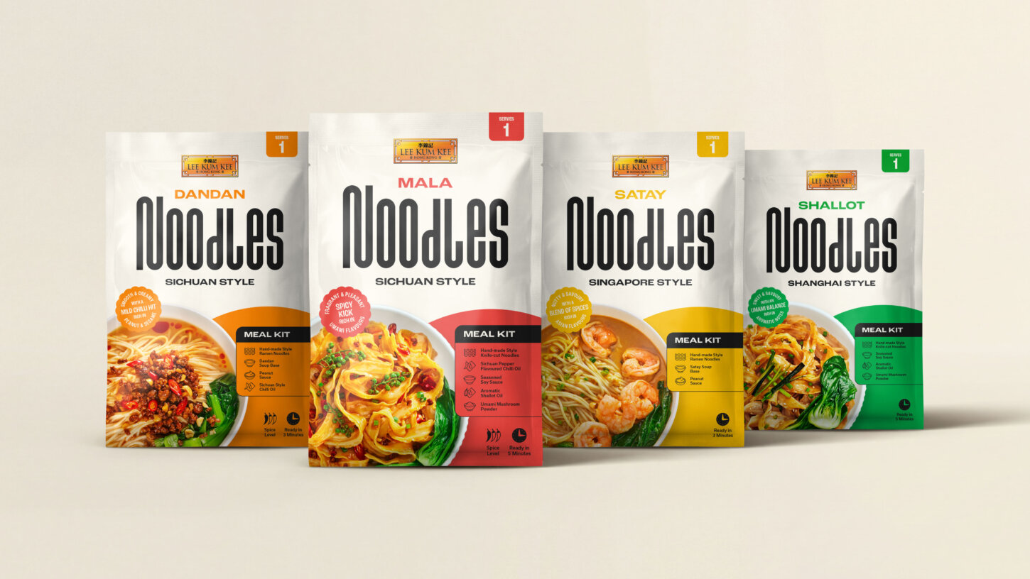 Four Lee Kum Kee noodle meal kit packets: Dandan (Sichuan Style), Mala (Sichuan Style), Satay (Singapore Style), and Shallot (Shanghai Style) | Brand & Packaging Design by Deuce Studio London