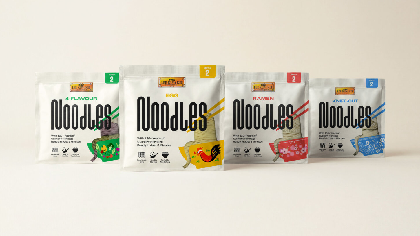 Four Lee Kum Kee noodle packets: 4-Flavour, Egg, Ramen, and Knife-Cut Noodles, each serving 2 and ready in 3 minutes | Brand & Packaging Design by Deuce Studio London