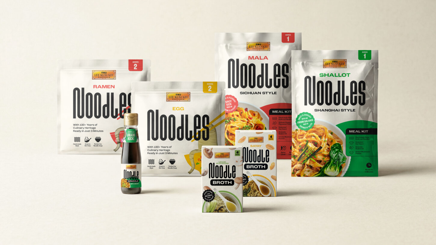 Lee Kum Kee noodle product range including Ramen, Egg, Mala Sichuan Style, Shallot Shanghai Style noodles, Noodle Broths, and a Noodle Drizzle sauce | Brand & Packaging Design by Deuce Studio London