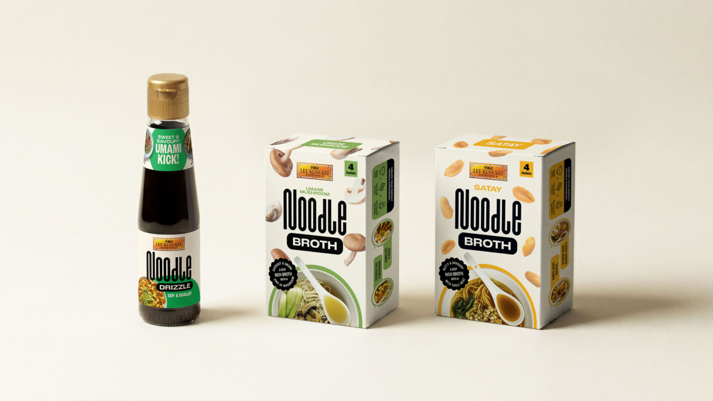 Lee Kum Kee Noodle Drizzle Soy & Shallot sauce bottle alongside Umami Mushroom and Satay Noodle Broth boxes | Brand & Packaging Design by Deuce Studio London