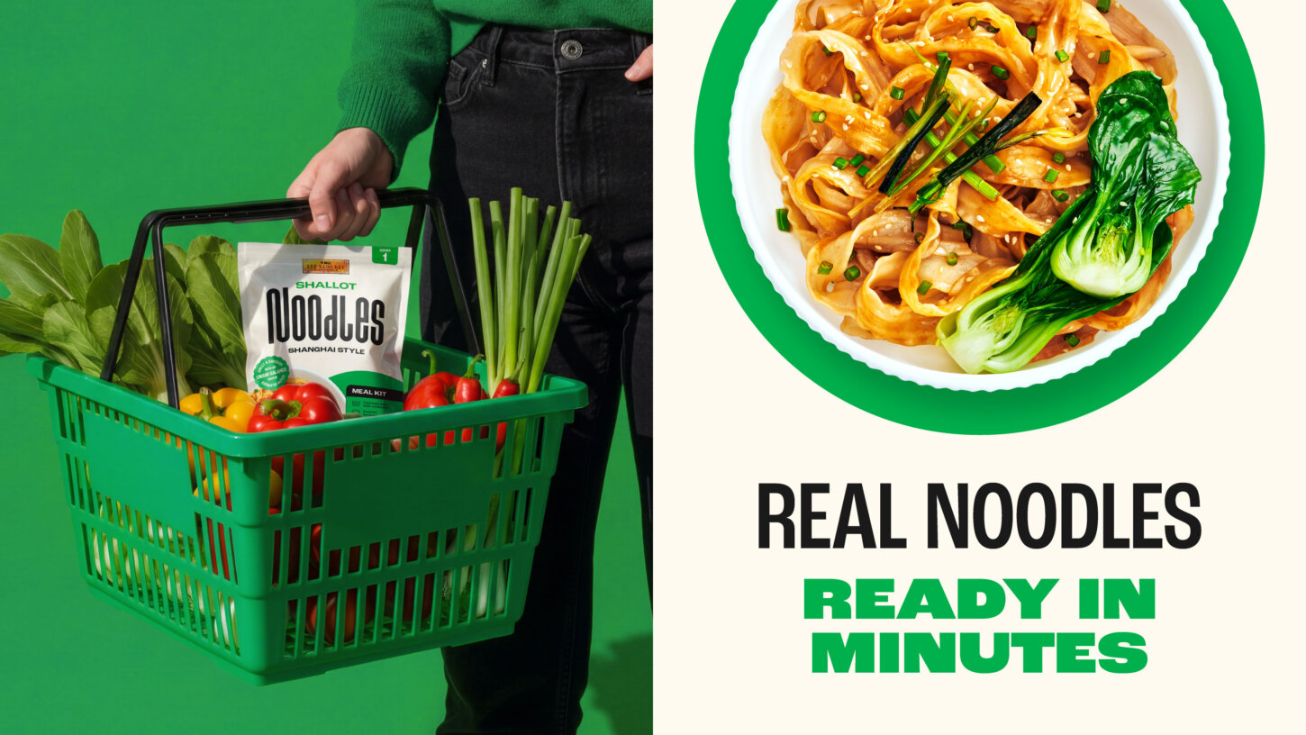 Lee Kum Kee Shallot Noodles Shanghai Style meal kit in a shopping basket beside a finished bowl of noodles. Real Noodles Ready in Minutes | Brand & Packaging Design by Deuce Studio London