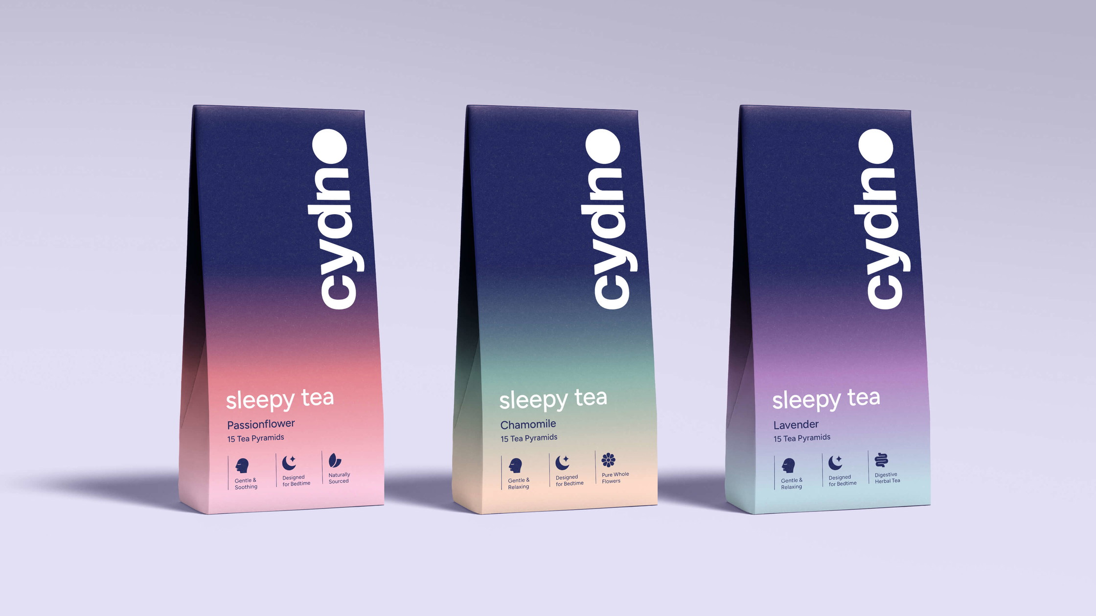 Cydno sleepy tea range — Passionflower, Chamomile and Lavender gradient cartons, 15 pyramids each