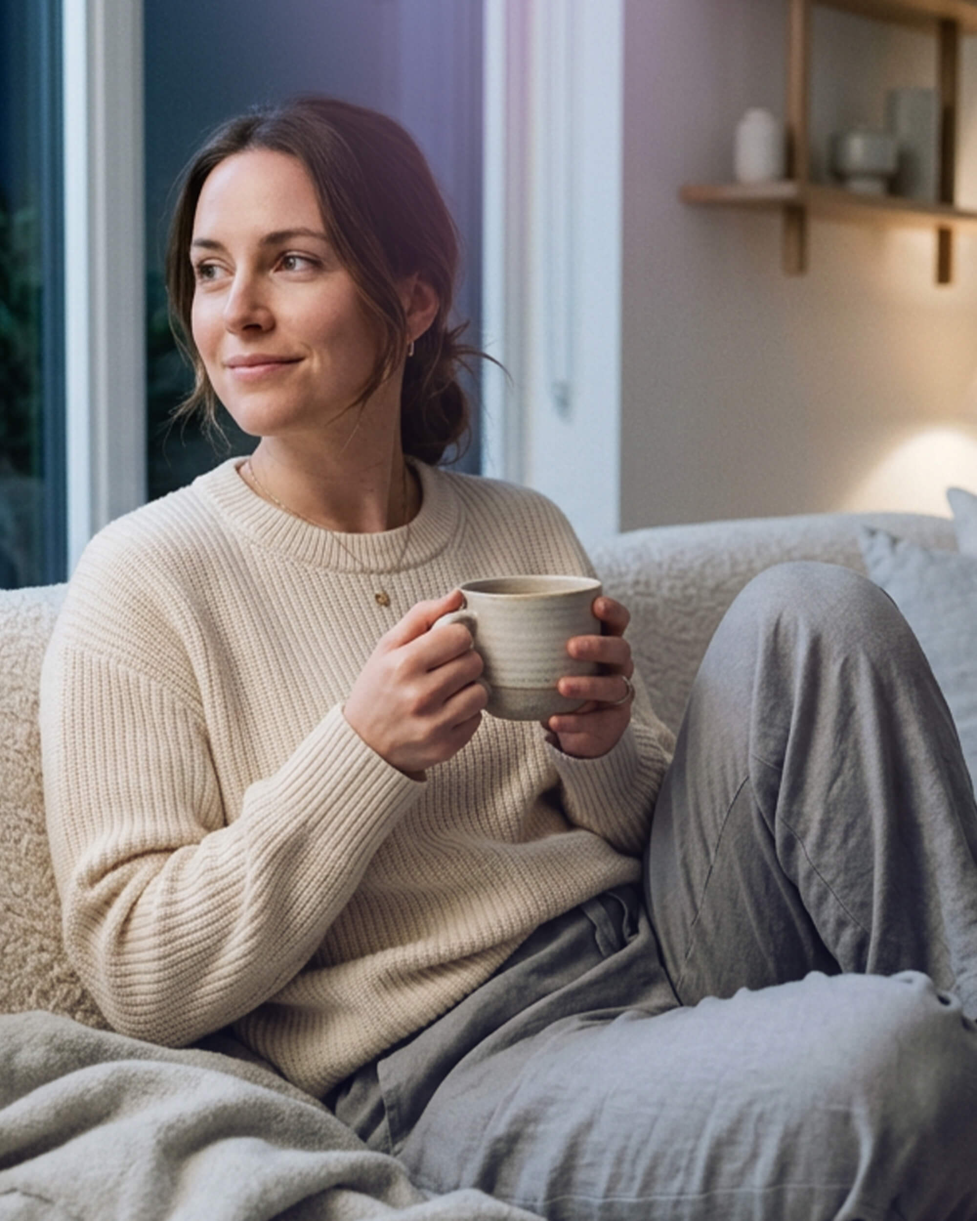 Woman in a cream knit jumper curled on a sofa cradling a mug at dusk — Cydno sleepy tea lifestyle